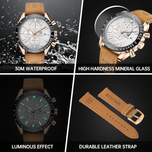Image of BENYAR Men's Watches Chronograph Watch for Men Multifunction Black Waterproof Sport Fashion Quartz Wristwatches Calendar with Stainless Steel Strap
