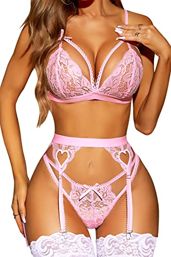 Image of RSLOVE Women Lingerie Set with Garter Belt | Heart Cutout Lace Design, Adjustable Fit, Soft Stretch Fabric, 3 Piece Romantic Lingerie Set