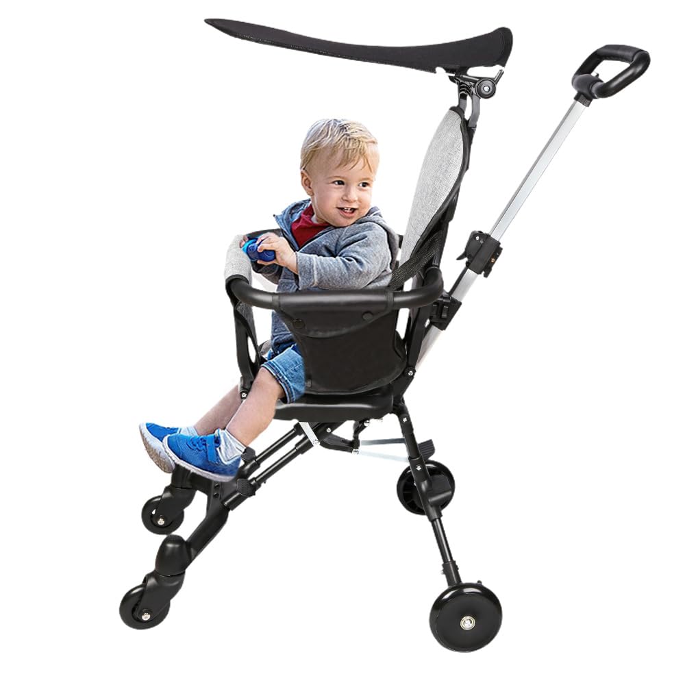 Poussette Compacte - Jusqu'à 25 kg, Inclinable, Pliable avec Porte-Gobelet, Habillage Pluie, Capote Pare-Soleil (UPF 50+) et Panier Course XL-30 * 55 * 86,5 cm - Gris + Noir