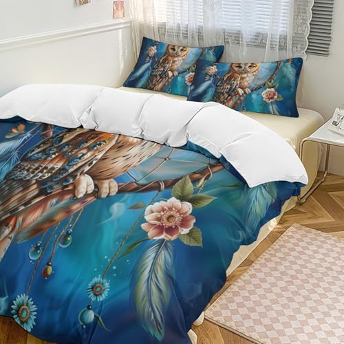 TOWINSFB Fantasy Dream Catcher Owl Duvet Cover Set, 3 Piece Microfiber Bedding Set with 2 Pillowcase