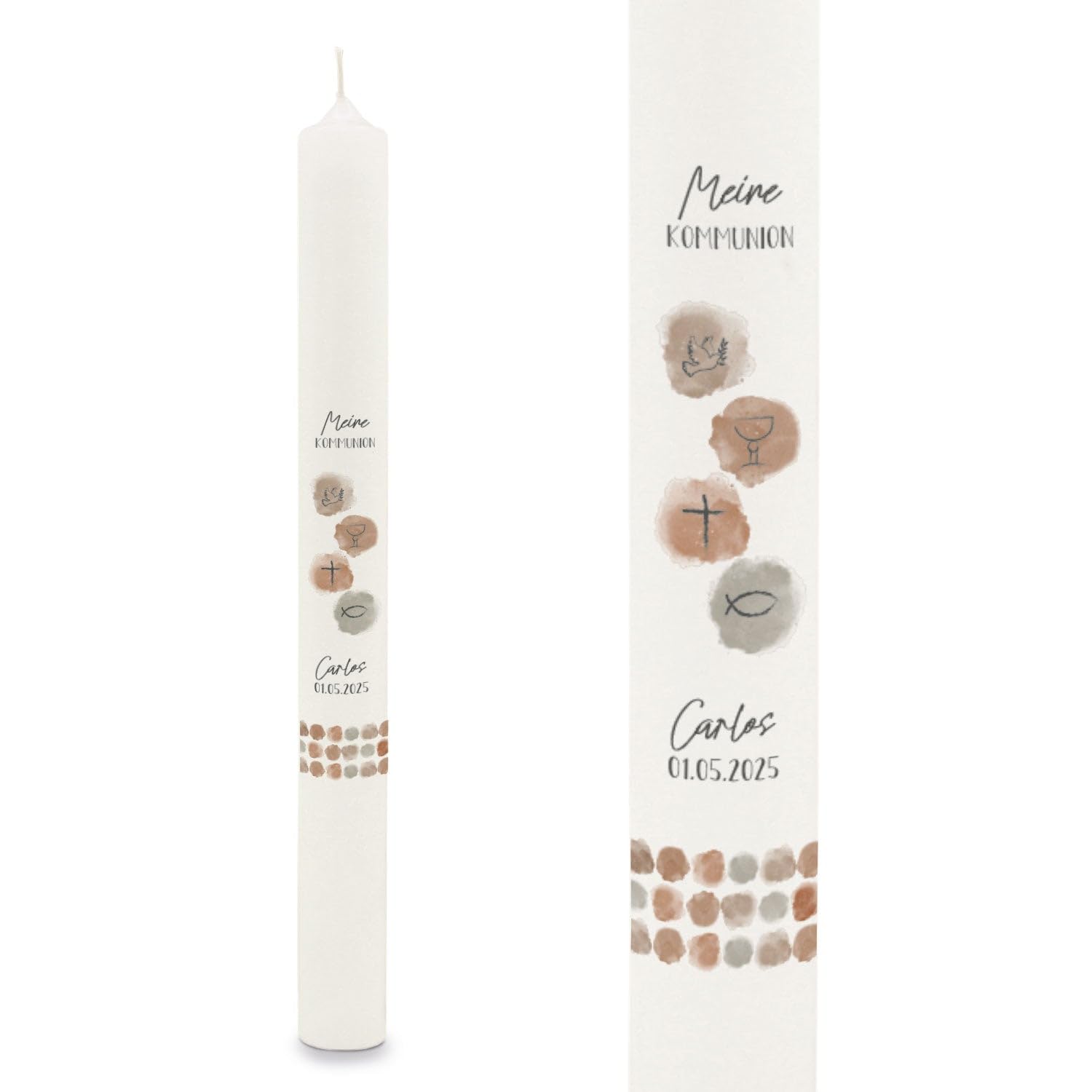 GRAVURZEILE Bedruckte Stabkerze - Watercolor - Personalisiert mit Name & Datum - Geschenk zur Taufe, Kommunion oder Konfirmation - Für Jungen & Mädchen - Altarkerze 400/40 mm - Braun