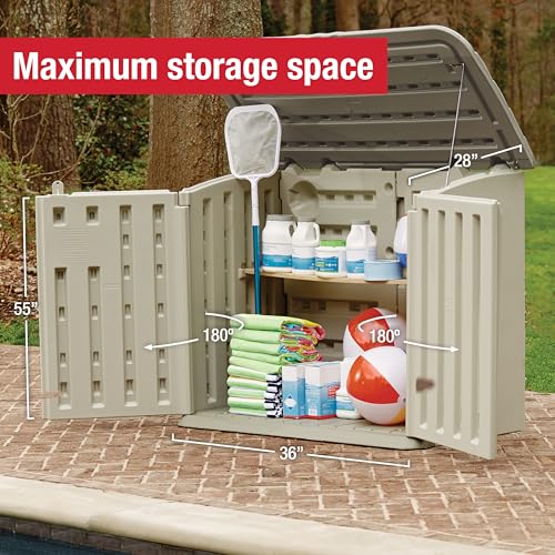 Image of Rubbermaid Large Horizontal Resin Outdoor Storage Shed With Floor (5 x 4 Ft) Weather Resistant, Beige /Brown, Organization for Home /Backyard /Pool Chemicals /Toys /Garden Tools /Porch /Patio Cushions