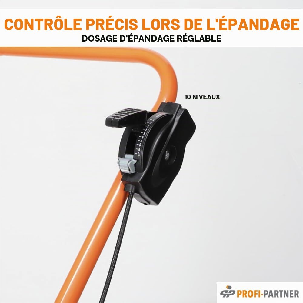 Chariot à semences, épandeur de graines de pelouse et chariot d'engrais, saupoudrer et semer uniformément le sel, l'engrais et les graines de pelouse | Dosage en 10 étapes