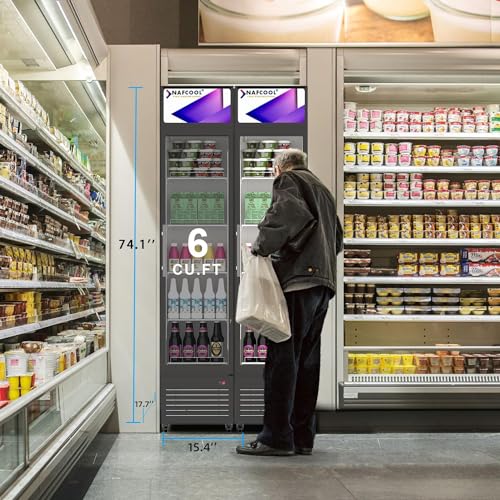 Image of Commercial Beverage Refrigerator Display Fridge,6 Cu Ft Tall Slim Glass Door Merchandiser Skinny Drink Cooler with LED Light Adjustable Shelves,ETL Approval,15.4 inch Wide