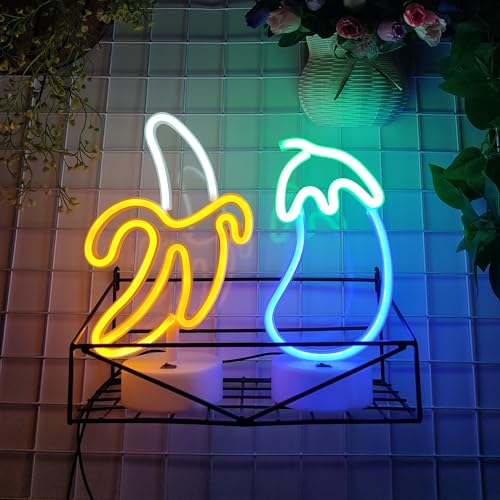 Image of JYWJ Neon Signs with Holder Base,USB or 3-AA Battery Powered Neon Light,LED Desktop Wall Decoration,Various Parties,Decoration of Business Premises(Banana)