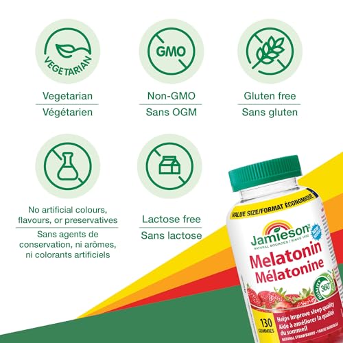 Jamieson Melatonin 2.5 mg Gummies Natural Strawberry Flavour, Improves Sleep Quality, Increases Sleep Time, and Helps Reset the Body's Sleep-Wake Cycle. Vegetarian, Non-GMO, Gluten-Free, No Artificial Flavours, Colours, or Preservatives, 130 Count, Proudly Canadian by Jamieson - Used condition - Image 3