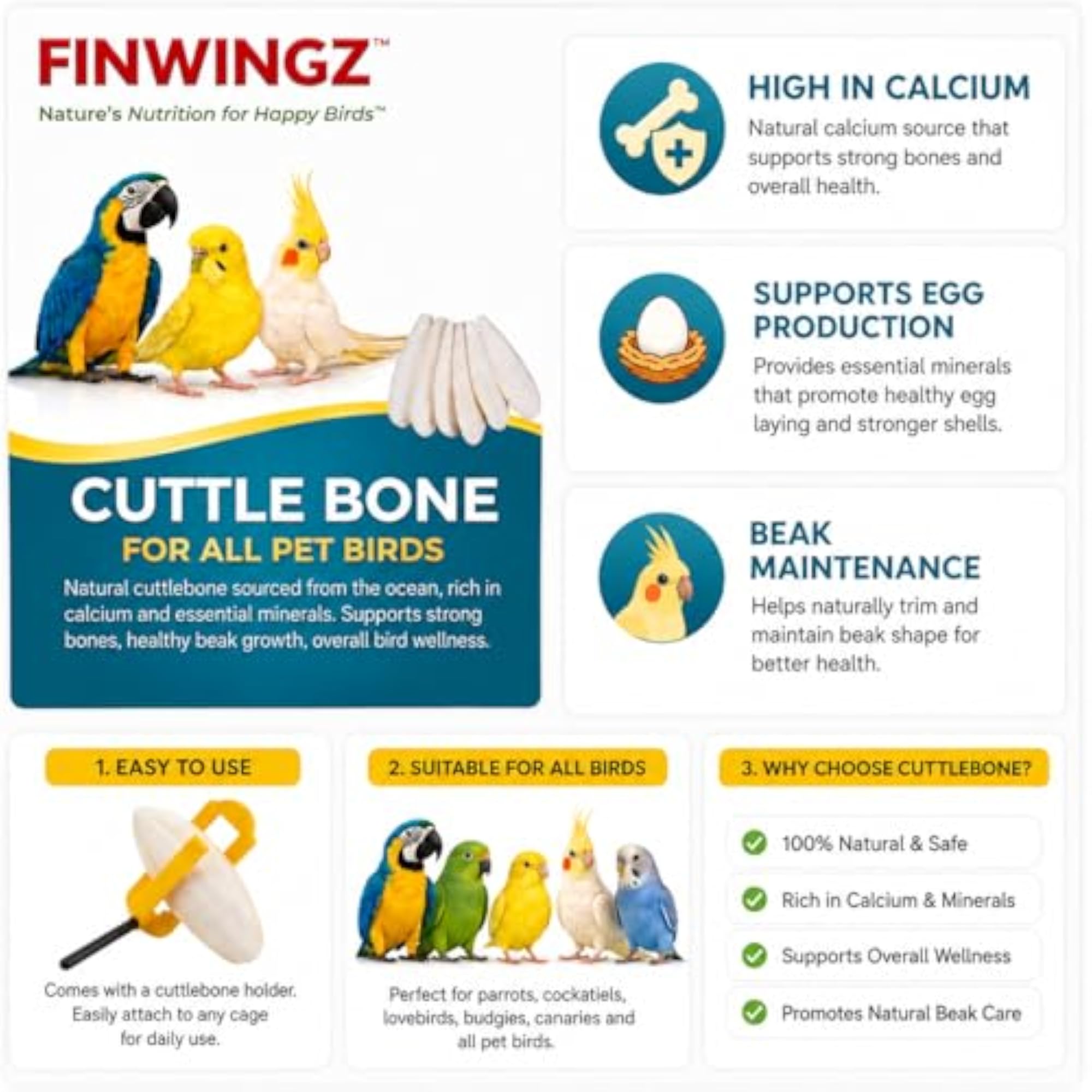 Cuttle Fish Bone for Pet Birds, 100% Natural Calcium Source
