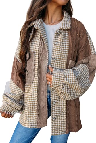 Ecosunny Womens Casual Long Sleeve Button Down Shirt Jacket Houndstooth Patchwork Shacket Lightweight Coat Tops