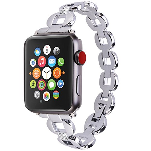 Moretek Band for Apple Watch Series 1 & 2 & 3 38MM All Edition - Women Stainless Steel Crystal Diamond Replacement Bracelet Accessories Bands (Silver 38MM)
