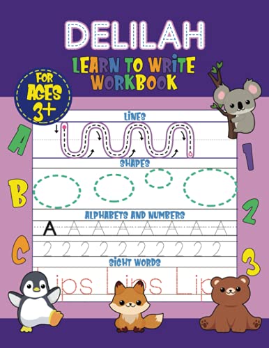 Delilah Learn to Write Workbook - Lines, Shapes, Alphabets, Numbers, and Sight Words: Personalized Children Letter Tracing Workbook for Ages 3-5, ... with Colorful Pictures and Example Words image 2