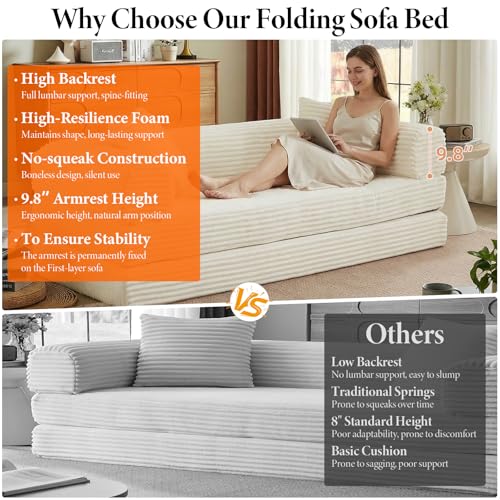 Image of 78 Inch Convertible Futon Sofa Bed,Folding Boneless Couch with Sleeper Sofa,Fold Out Floor Sofa Couch with Deep Seat,Cloud Corduroy Foldable Mattress Couches for Living Room(Off White)