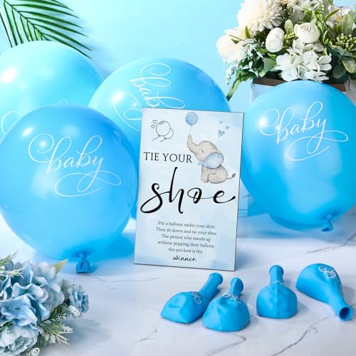 Image of Roowest 51 Pcs Tie Your Shoe Baby Shower Game Sign Wooden Sign Greenery Gift Sets Gender Reveal Party Favors 50 Balloons Latex Balloons for Game Wedding Supplies(Blue,Elephant)