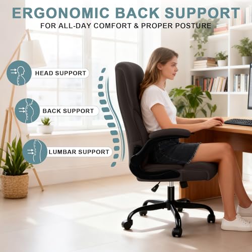 Executive Office Chair,High Back Ergonomic Comfy Desk Chair with Padded Flip-up Armrests,PU Leather Heavy Duty Computer Swivel Rolling Task Chair for Home Office,Adults,Dark Brown — view 6