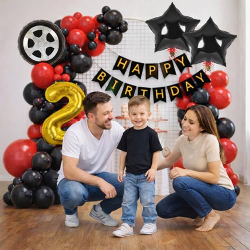 Image of Race Car Theme 2nd Birthday Decoration Kit with Happy Birthday Paper Banner, Bike Foil Balloon & Number 2 Foil Balloon, Two Year Party Decoration Set for Boys Set of 48 Pcs