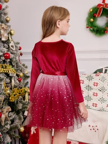 JISISANG Tutu Velvet Dresses A-line Long Sleeve Girls Formal Wedding Guest Brithday Party Christmas Dress 3-73