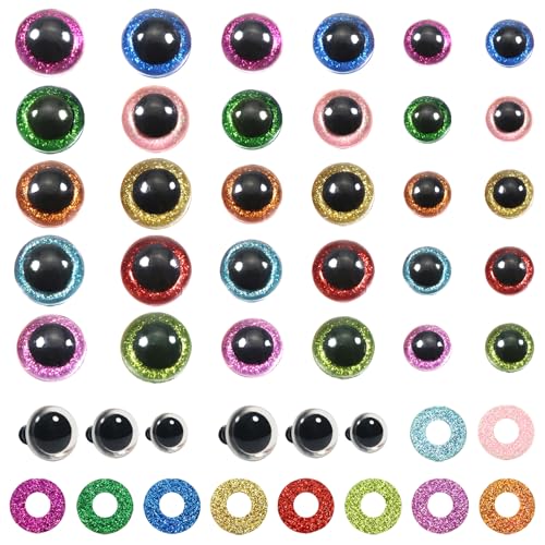 TOAOB 60 Stück Puppenaugen Sicherheitsaugen Glitzer 10mm bis 14mm Kunststoff Basteln Augen Bunt Knopfaugen mit Unterlegscheiben für Häkeltiere Puppe Marionette Plüschtier Teddyaugen