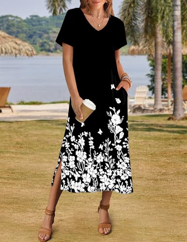 Image of Zeagoo Women Summer Floral Dress Short Sleeve Beach Dress with Pockets Casual V-Neck Split Long T-Shirt Dress Travel Vacation