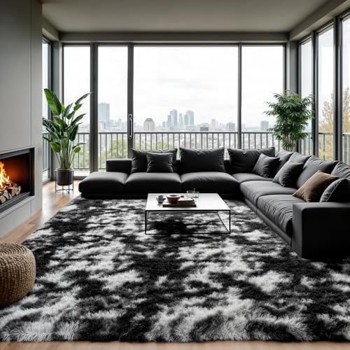 Zentavio Black and White Area Rugs for Living Room Large Rugs for Bedroom 6x9 Soft Carpet Fluffy Furry Shag Aesthetic Plush High Pile Gray Throw Rug for Nursery Kids Room Dorm Tie-Dyed