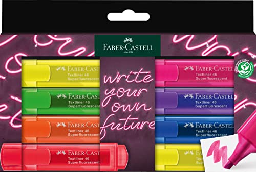 Faber-Castell 254601 - Set de 8 surligneurs fluo, stylos surligneurs à pointe biseautée de précision, couleurs fluo lumineuses, design plat ergonomique
