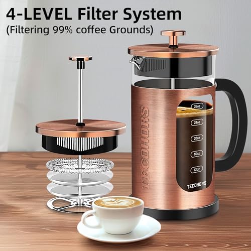 TECOHORS French Press Coffee Maker 34oz / 1 Quart 304 Stainless Steel Coffee Press,with 4 Filters System, Heat Resistant Thickness Borosilicate Glass, Brewed Coffee Pot (Copper) - 3