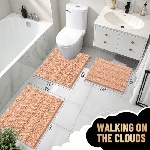 Image of OLANLY Thick Small Bathroom Rugs 24x16, Extra Soft Absorbent Chenille Striped Bath Rugs, Rubber Backing, Machine Wash, Bath Mats for Bathroom Floor, Tub and Shower, Home Decor Accessories, Peach