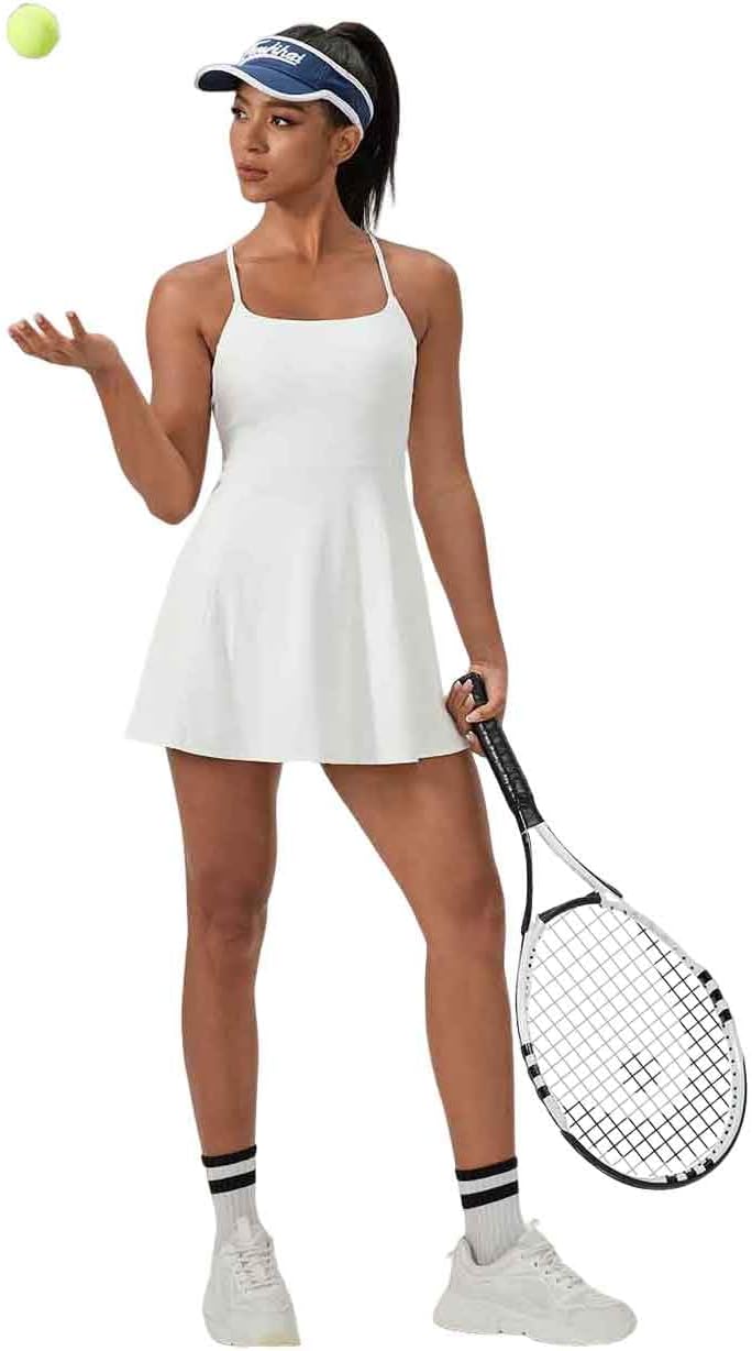 Women's Sports Dress with Shorts, Support Bra & Two Pockets Adjustable Thin Spaghetti Straps for Tennis, Golf