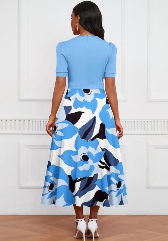 Image of MarryUP Women's Midi Dresses - V Neck Cocktail & Church Tea Dresses - Short Sleeve A-Line Swing Dress