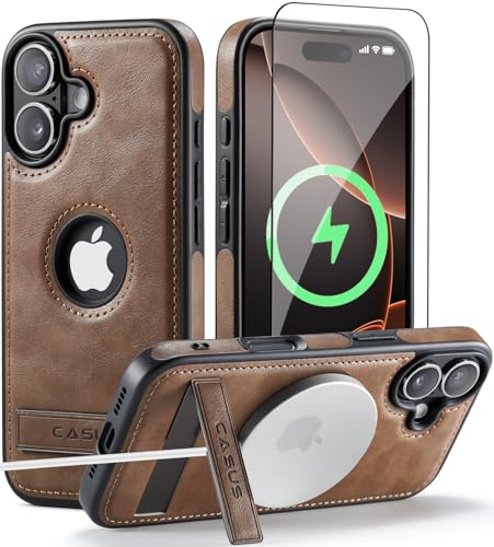 Image of Casus for iPhone 17 Case with MagSafe, Slim Kickstand Vegan Leather Protective Cover with Tempered Glass Screen Protector, 6.3 Inch (2025), Gray