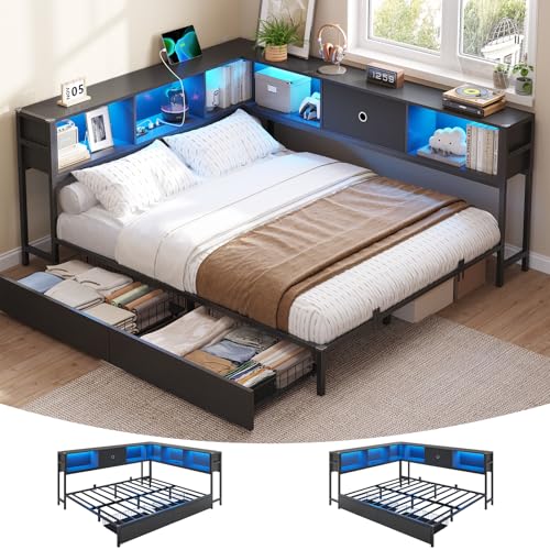 DICTAC Queen Corner Bed Frame with Storage Drawers and Bookcase