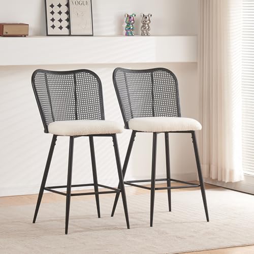 JALOURT Rattan Counter Height Bar Stools Set of 2Modern Boucle Fabric Upholstered Barstools,26 Black Bar Chairs with Rattan Back and Metal Legs