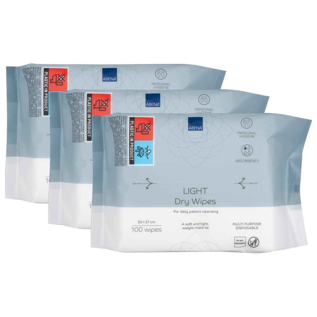ABENA Light Dry Wipes, 3 Packs of 100 Wipes, 30 x 27cm, Absorbency Level 1, Multifunctional Cleansing, Easy & Effective Everyday Cleaning, Disposable Towels
