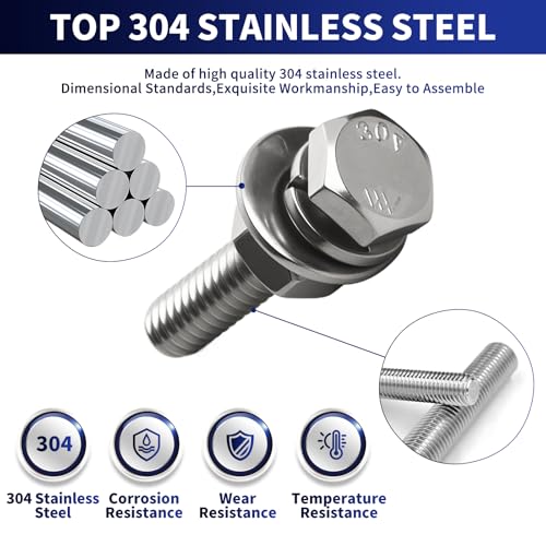 Image of 240Pcs 1 /4-20 Hex Head Screw Bolt and Nuts Set,1 /4-20 x5 /8 inch 3 /4 inch 1 inch 1-1 /4 inch 1-1 /2 inch 2 inch 2-1 /2 inchNuts and Bolts Assortment Kit with Flat Washers, Lock Washers,304 Stainless Steel 18-8,Fully Threaded