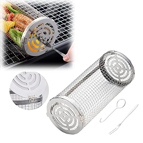 Cesta para parrilla, herramienta cilíndrica de barbacoa de acero inoxidable con cubierta de malla para asar al aire libre, ideal para verduras, patatas fritas y pescado