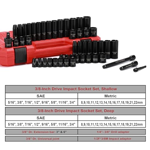 CASOMAN 3/8" Drive Impact Socket Set, 49 Piece Standard SAE and Metric Sizes (5/16-Inch to 3/4-Inch and 8-22 mm), 6 Point, Cr-V Steel Socket Set 2 CASOMAN 3/8" Drive Impact Socket Set, 49 Piece Standard SAE and Metric Sizes (5/16-Inch to 3/4-Inch and 8-22 mm), 6 Point, Cr-V Steel Socket Set - Image 2