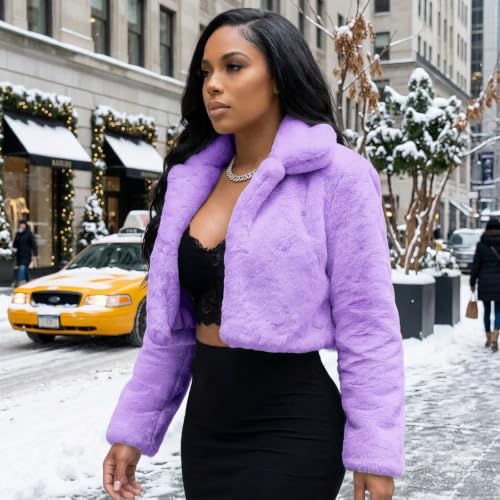 Image of RAMOUG Women Faux Fur Jacket Lapel Crop Fuzzy Coat Outerwear