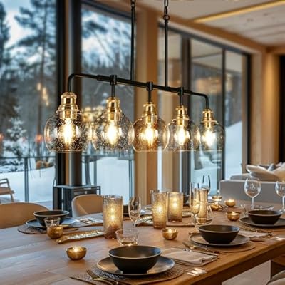 KSANA Chandeliers for Dining Room, 5 Light Linear Chandelier Modern Farmhouse Kitchen Island Light with Seeded Glass Pool Table Light for Kitchen, Dining Room, Living Room