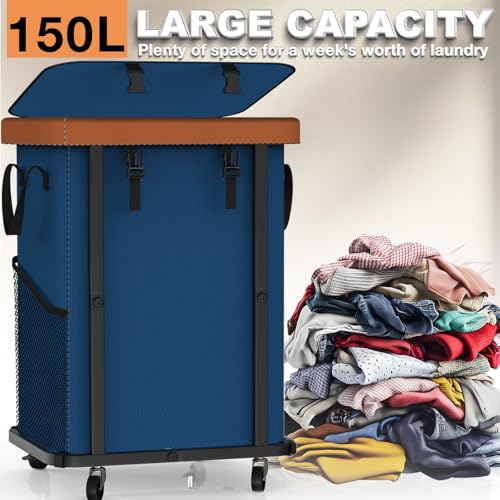 Image of 150L (40 Gal) Fashion Laundry Basket with Wheels, Leather Patchwork Rolling Hamper Carts, Sturdy Metal Frame, Removable Washable Bag, Tall Clothes Sorter for Bedroom, Laundry Room - Navy Blue