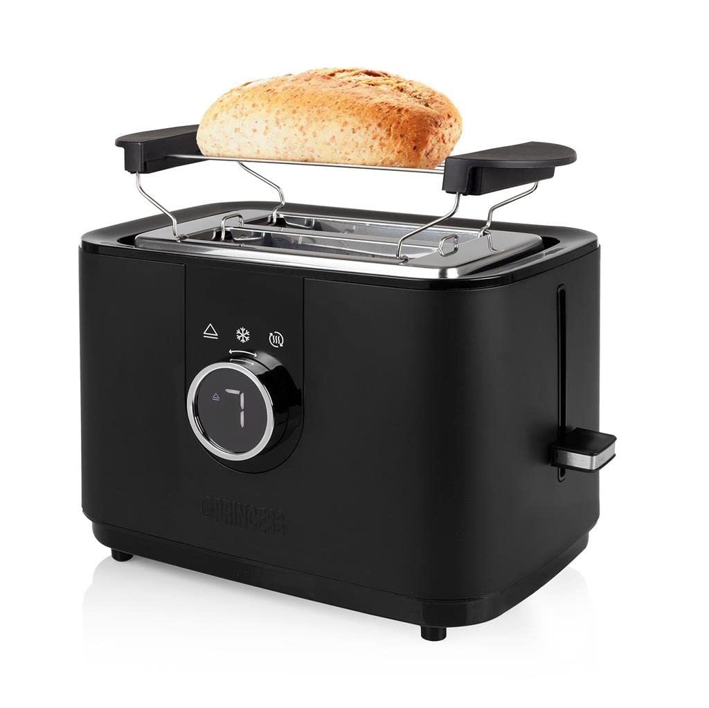Princess Tostadora 2 Ranuras con Soporte para Panecillos, 7 Niveles de Tostado, Función Descongelar y Recalentar, Botón Cancelar, Pantalla LED, 920 W, Negra, 142360