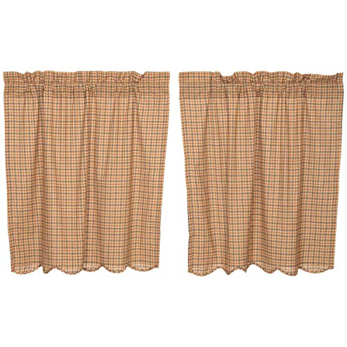 VHC Brands Millsboro Plaid Cotton Rustic Kitchen Curtains Rod Pocket 36×36 Tier Pair Khaki Tan