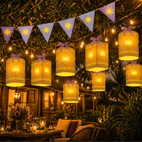Lanternes en papier violettes (30 pcs) avec guirlande princesse et bannières pour mariage