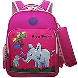 Cute Elephant Schoolbag for Girls Roomy Pink Red Backpack with Pencil Bag for Children Toddler Student Book bag (Rose red with Pink Elephant)