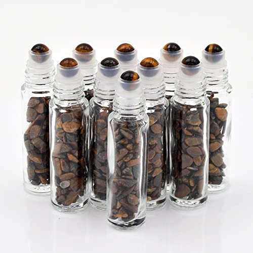 Essential Oil Roller Bottle 10ml w EVA Carrying Travel Case(Clear Glass Bottle with silver Cap、10pack、Gemstone Roller Balls、Healing Crystal Chips Inside、Opener)Gemstone Roller Ball Bottles