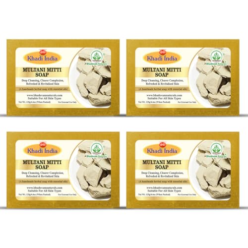 Image of Khadi Organic and Natural Multani Mitti Soap for Oily & Acne-Prone Skin | Deep Cleansing Herbal Bathing Bar with Fuller's Earth By Bhudevam Naturals | Suitable for All Skin Types (Pack of 4)