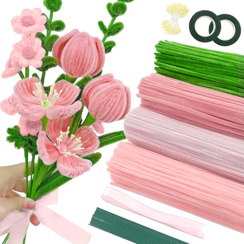 NXPZ Kit de 400 Cure Pipe pour Bouquet de Tulipes, Cure Pipe DIY pour Bouquet de Fleurs, 4 Couleurs (Rose Clair, Rose Foncé, Violet, Vert), Incluant 24 Tiges Vertes, Pistils, Ruban, Ruban Adhésif
