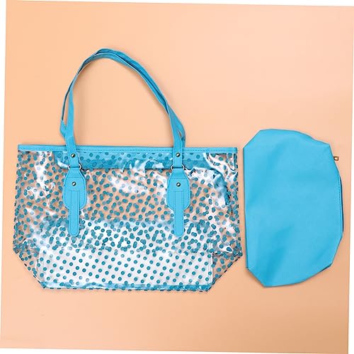 Beaupretty PVC Beach Bag for Women Round Dots Pattern Tote Sandproof Fashion Handbag Lightweight and Stylish Blue Summer Tote for Beach and Casual Use2