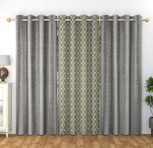 Image of Window Curtains Check Design for Drawing Room /Living Room /Hall Room Parde for Door, Grey Color 5 Feet 3 Pcs Set Curtains