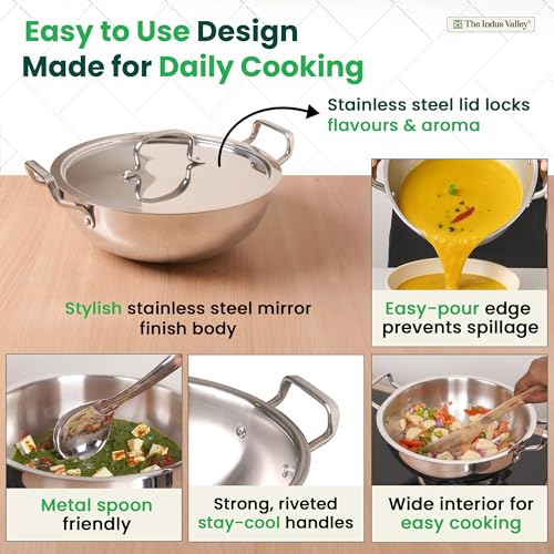 Image of The Indus Valley Triply Stainless Steel Deep Kadai /Kadhai 5 LTR with Stainless Steel Lid | 28 cm /11.02 inch, 2.29kg | Induction Friendly | Nonstick 3-Layer Body, 100% Pure & Toxin-Free