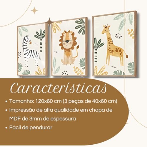 Quadro Para Decoração Modelo Safari Animais Infantil baby Kit com c/3 Unidades