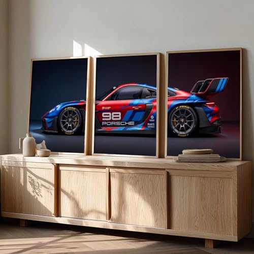Image of HOMESY Sports Car Framed Posters Gift Items for Boys Room | Wall Decoration for Bedroom Living Room Office Gaming Room Decor | Sports GT3RS Car Poster with Frame for Wall Decor Set Of 3 Size (10x13 inch, BROWN)
