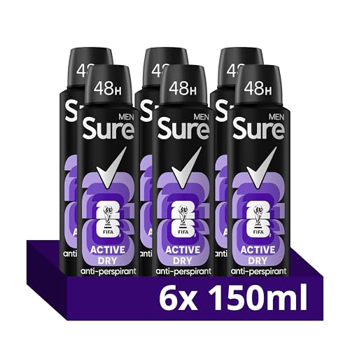 Sure Men Active Dry Deodorant Body Spray Antiperspirant with MotionSense technology for 48 hour protection against sweat and odour 150 ml, Pack of 6